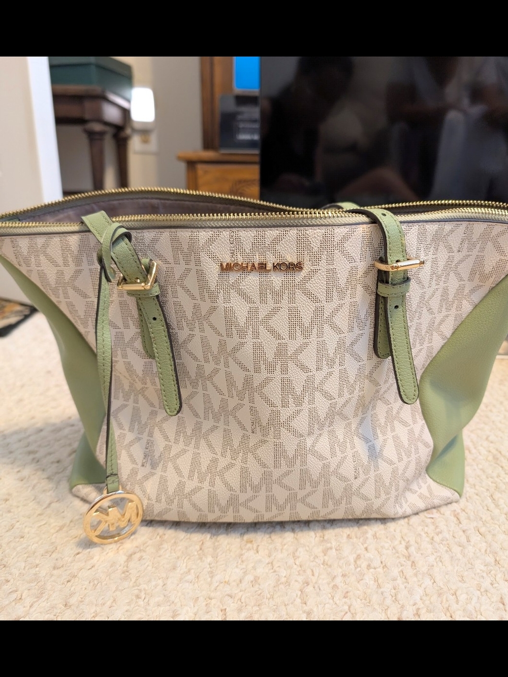 Michael Kors Beige MK Logo Tote with Sage Green Trim